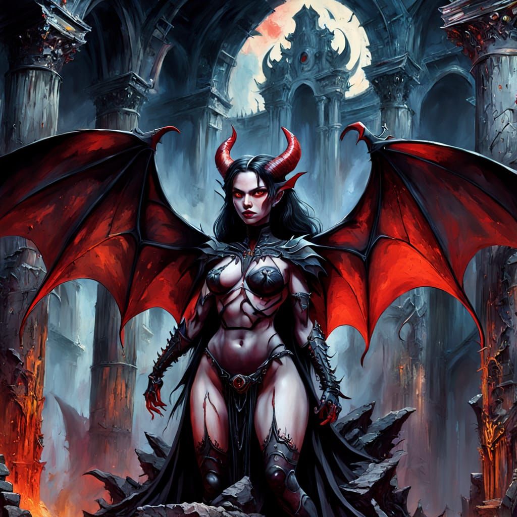 Female Demon in Ruined Temple, Gothic Oil Painting