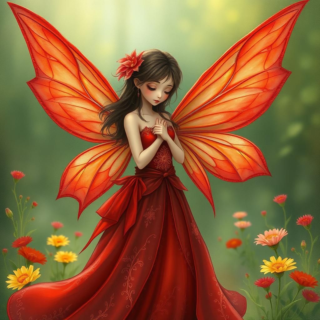 Ethereal Red Fairy in Dreamy Landscape