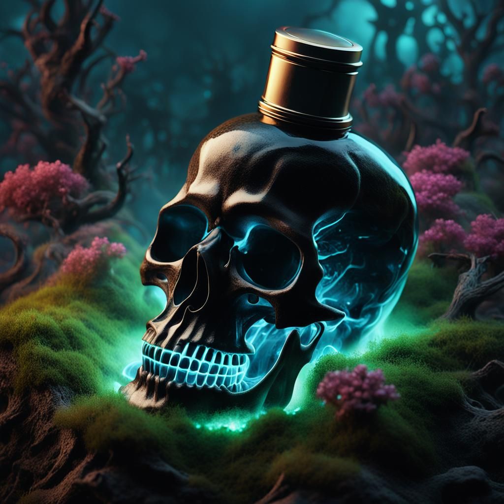 Translucent Skull Perfume Flacon on Bioluminescent Mound