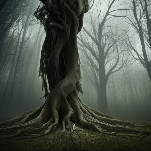 Eerie Woman Emerges from Tree Roots in Fog