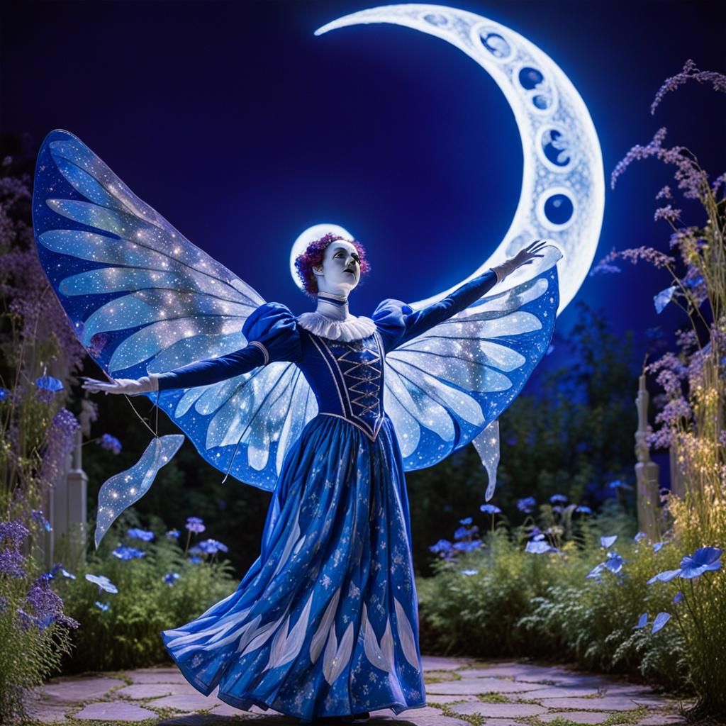 Electric Blue Pierrot with Fairy Wings in Expressionist Styl...