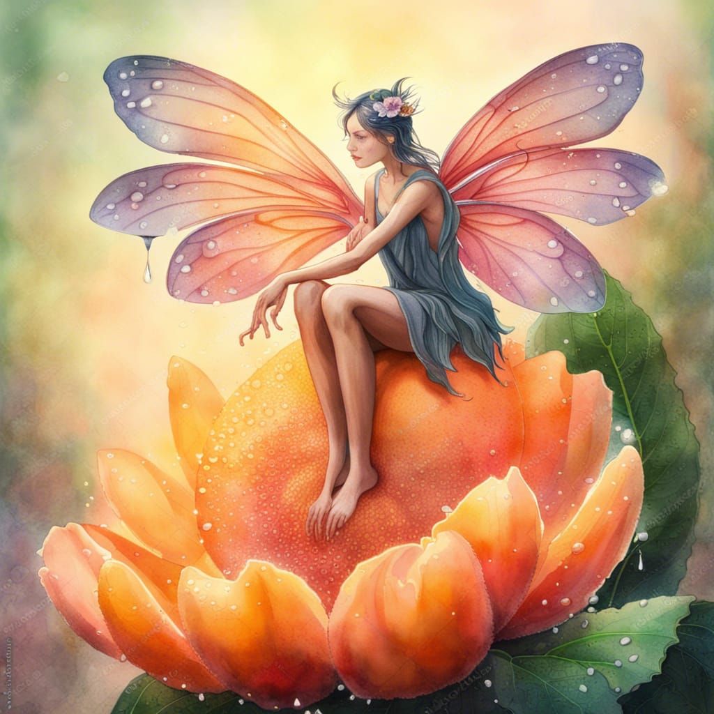 Watercolor Fairy on Giant Peach Flower