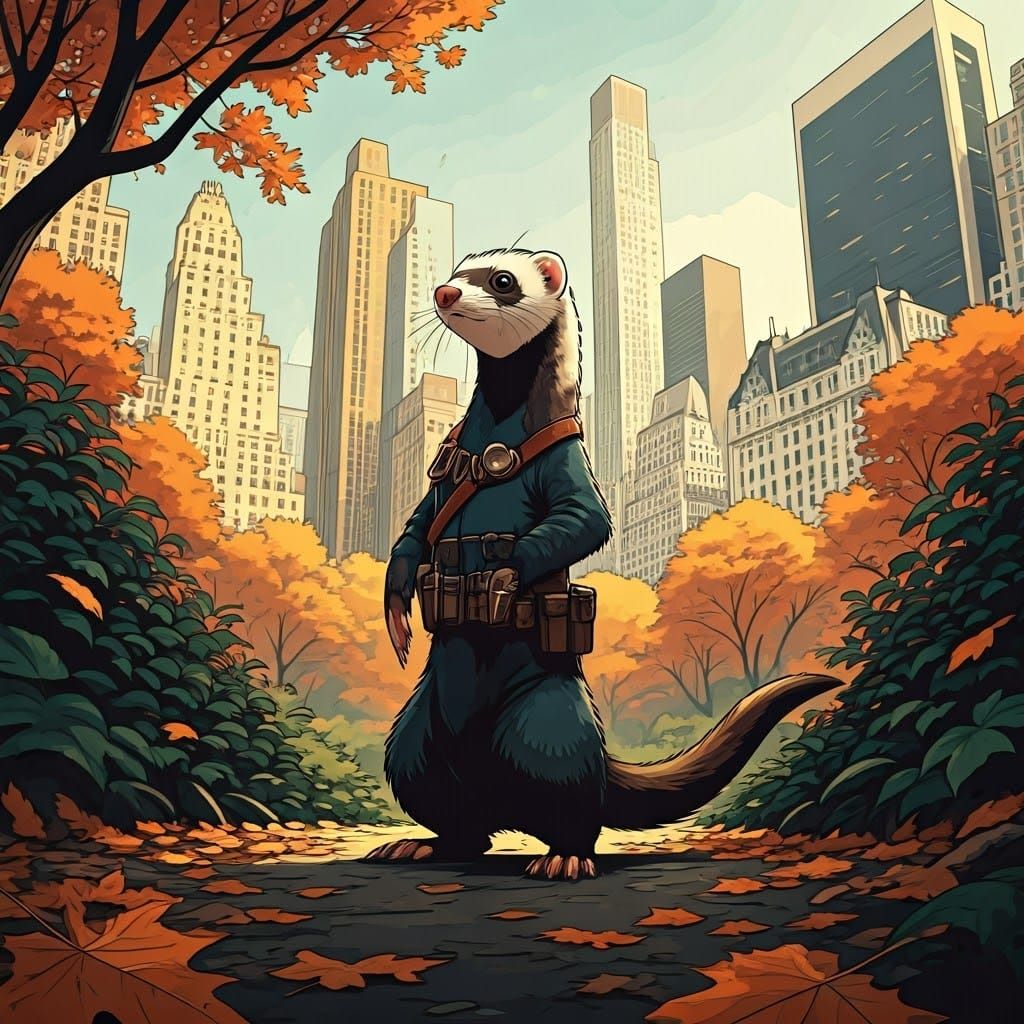 Ferret in Autumnal Central Park, Comic Book Style