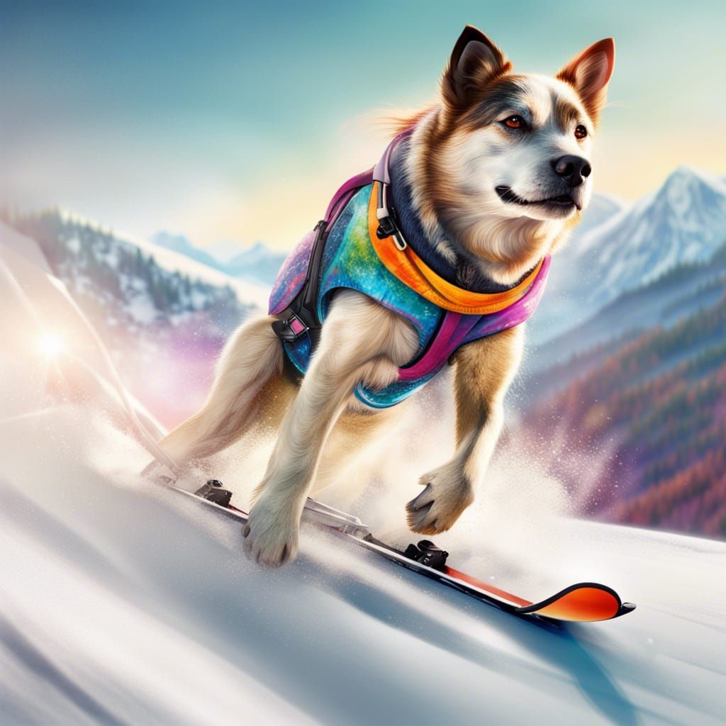 Dog Skiing on Alpine Slope: Hyperrealistic Splash Art