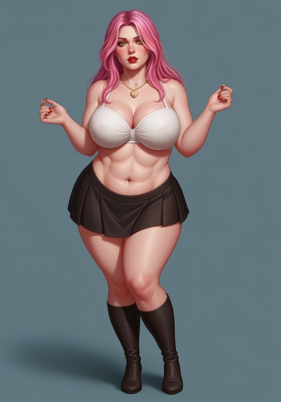 Curvy Woman Portrait with Pink Hair, Detailed Art