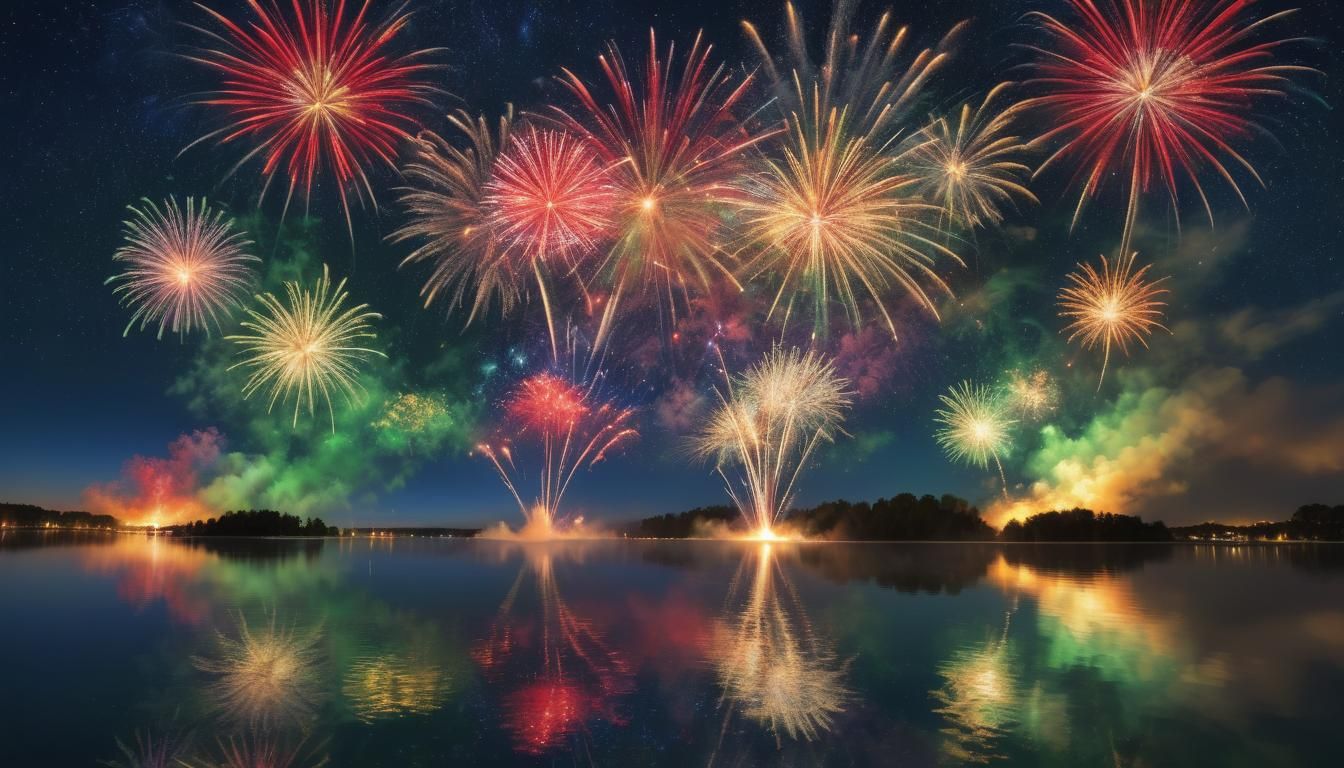 Vibrant Fireworks Explode Over Calm Lake