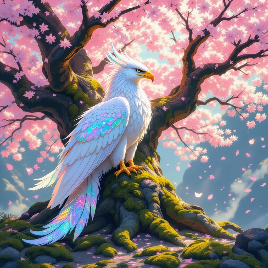 Celestial Griffin Perched on Ancient Sakura Tree