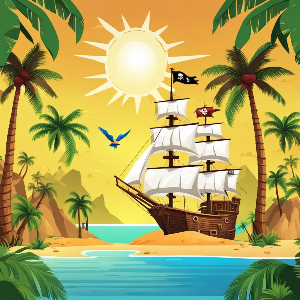 Pirate Island with Treasure and Sailing Ship