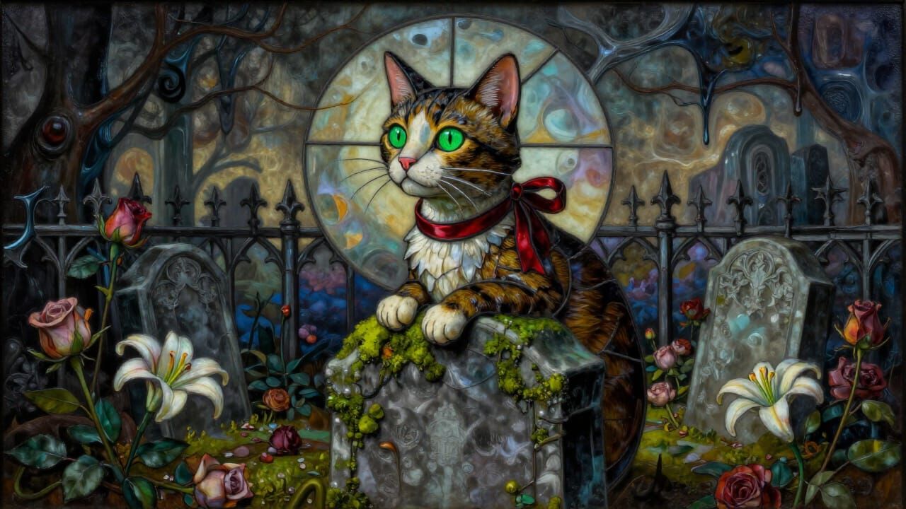 Intricate Stained Glass Cat on Tombstone in Surreal Garden