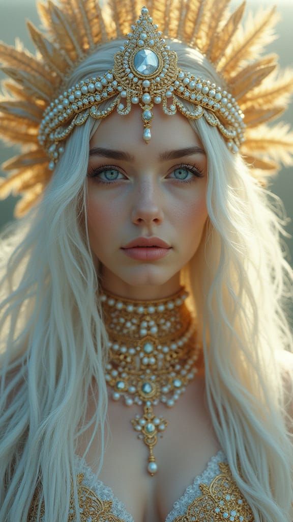 Ethereal Queen in Golden Headdress, Radiant Majesty