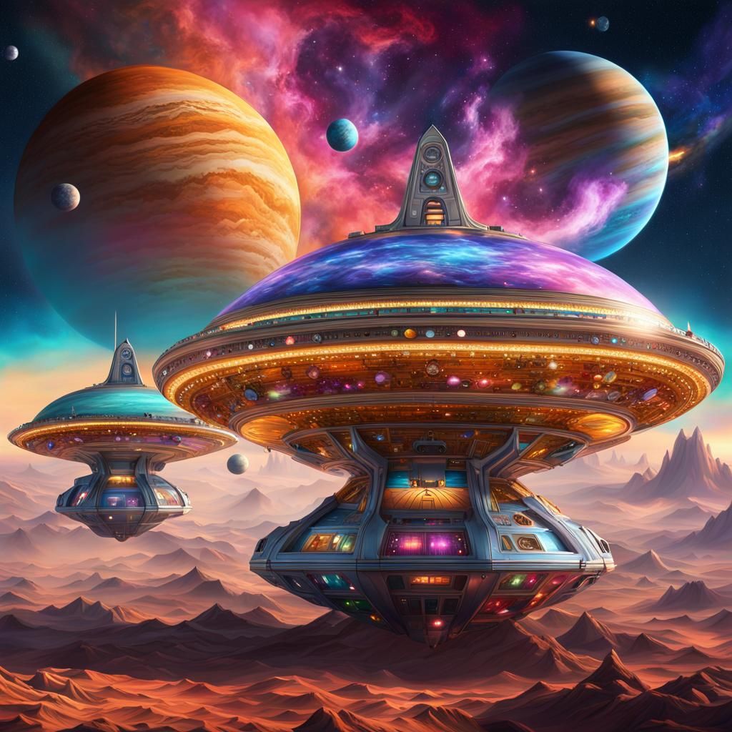 Luminescent Spaceship with Crystals and Jewels