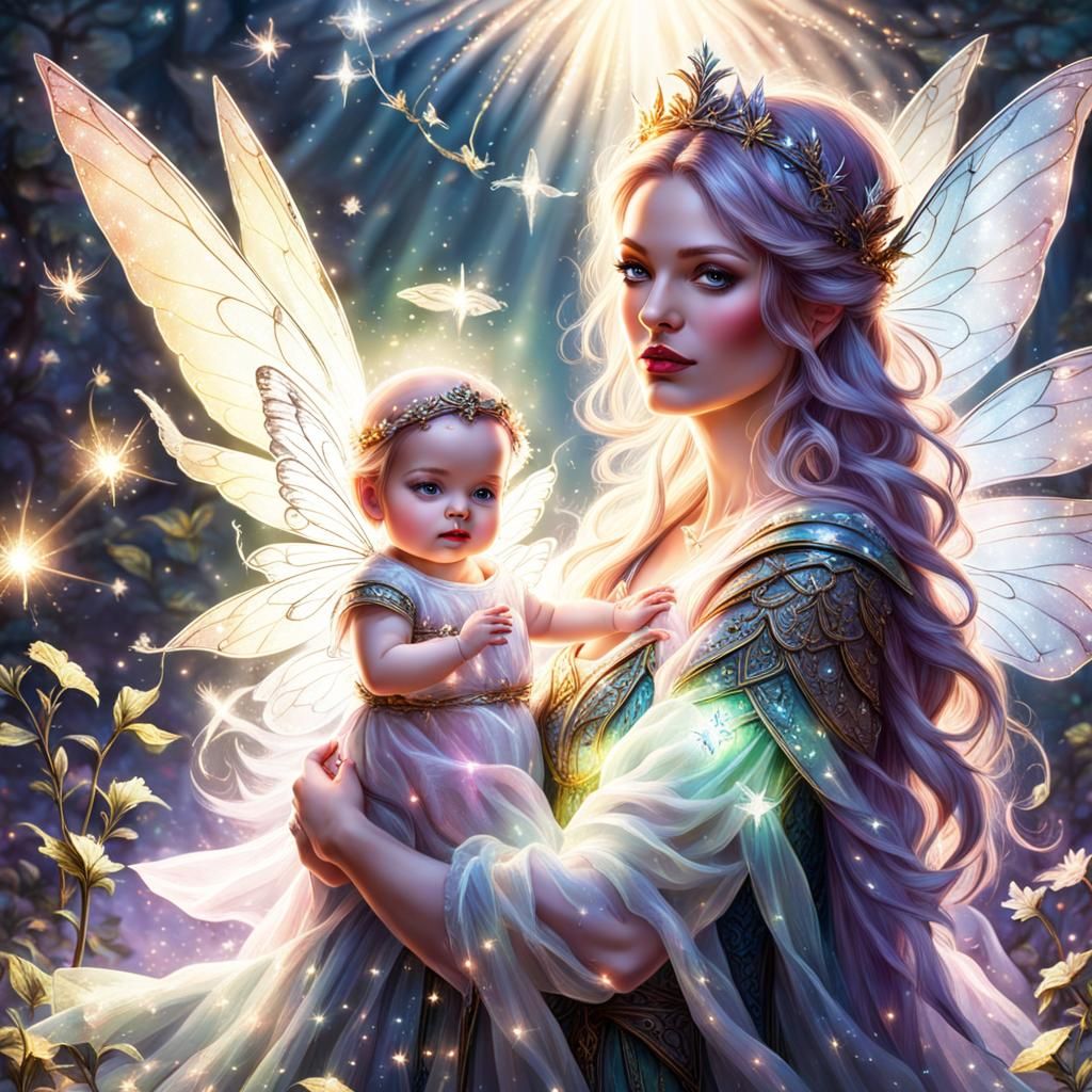 Fairy Queen Holding Baby in Magical Light