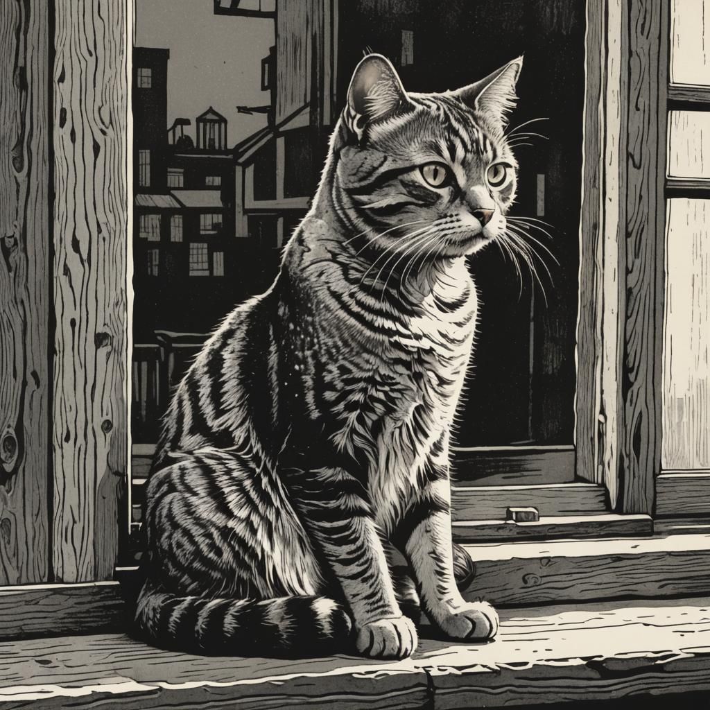 Monochrome Woodblock Print of a Tabby Cat