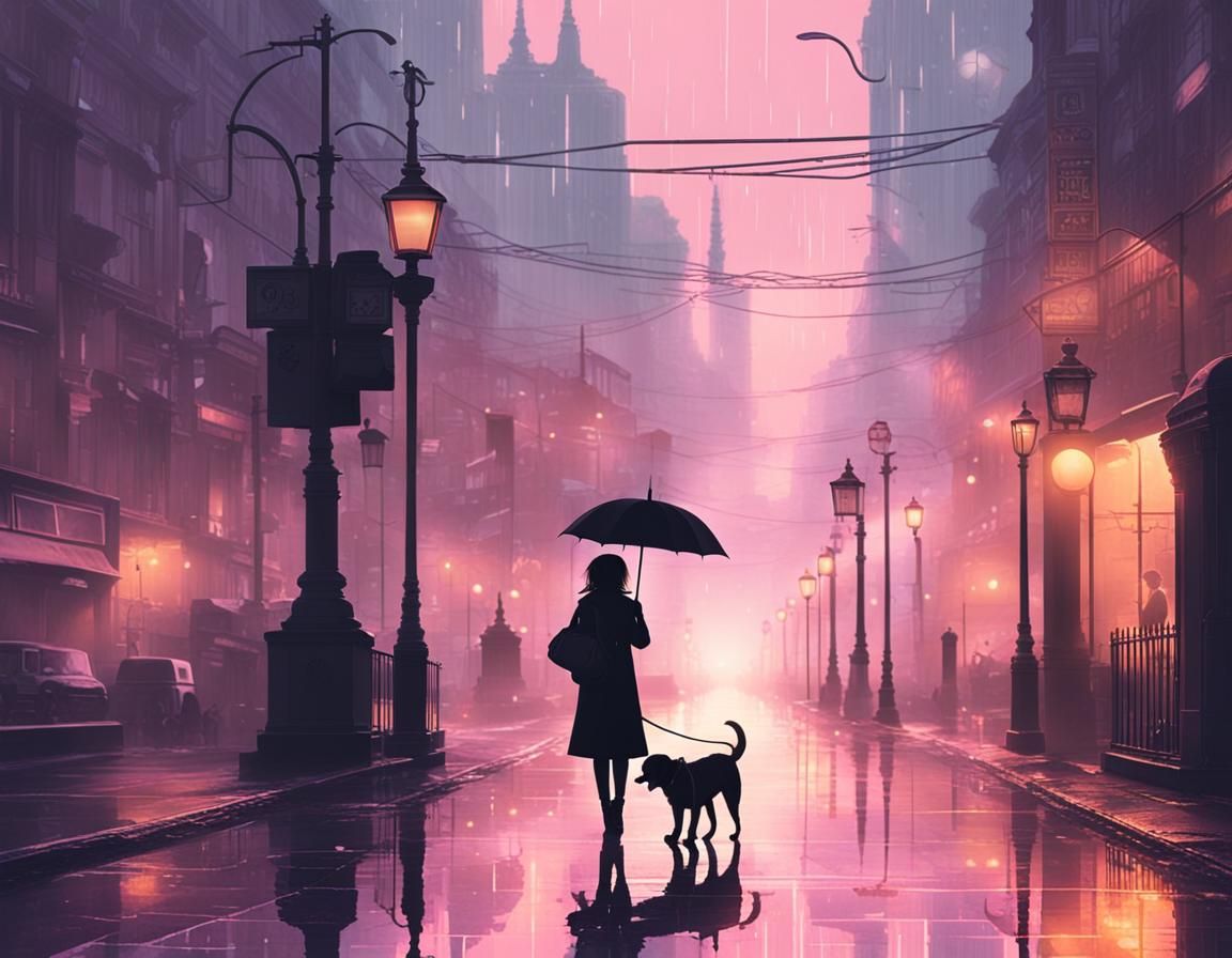 Girl Walking Dog in Rainy Aetherpunk City