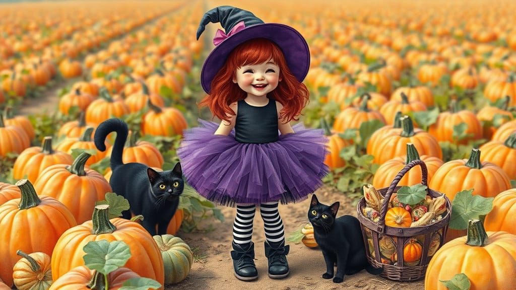 Laughing Girl in Pumpkin Patch Watercolor