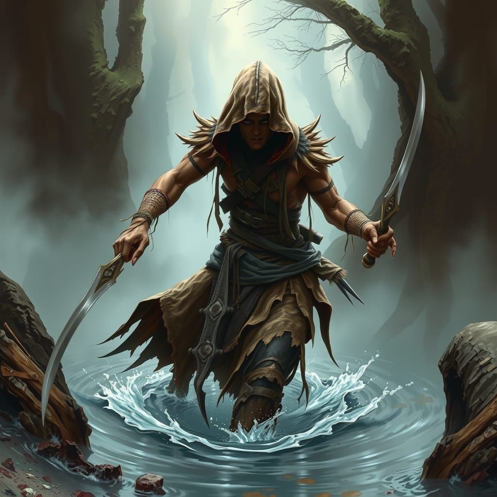 Dark Fantasy Warrior Emerges from Primal Waters