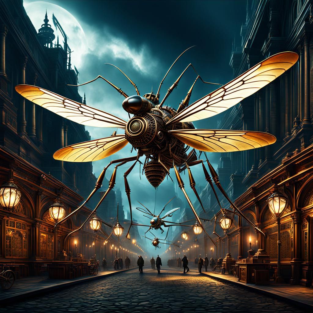 Steampunk Mosquito in Detailed Digital Matte Painting