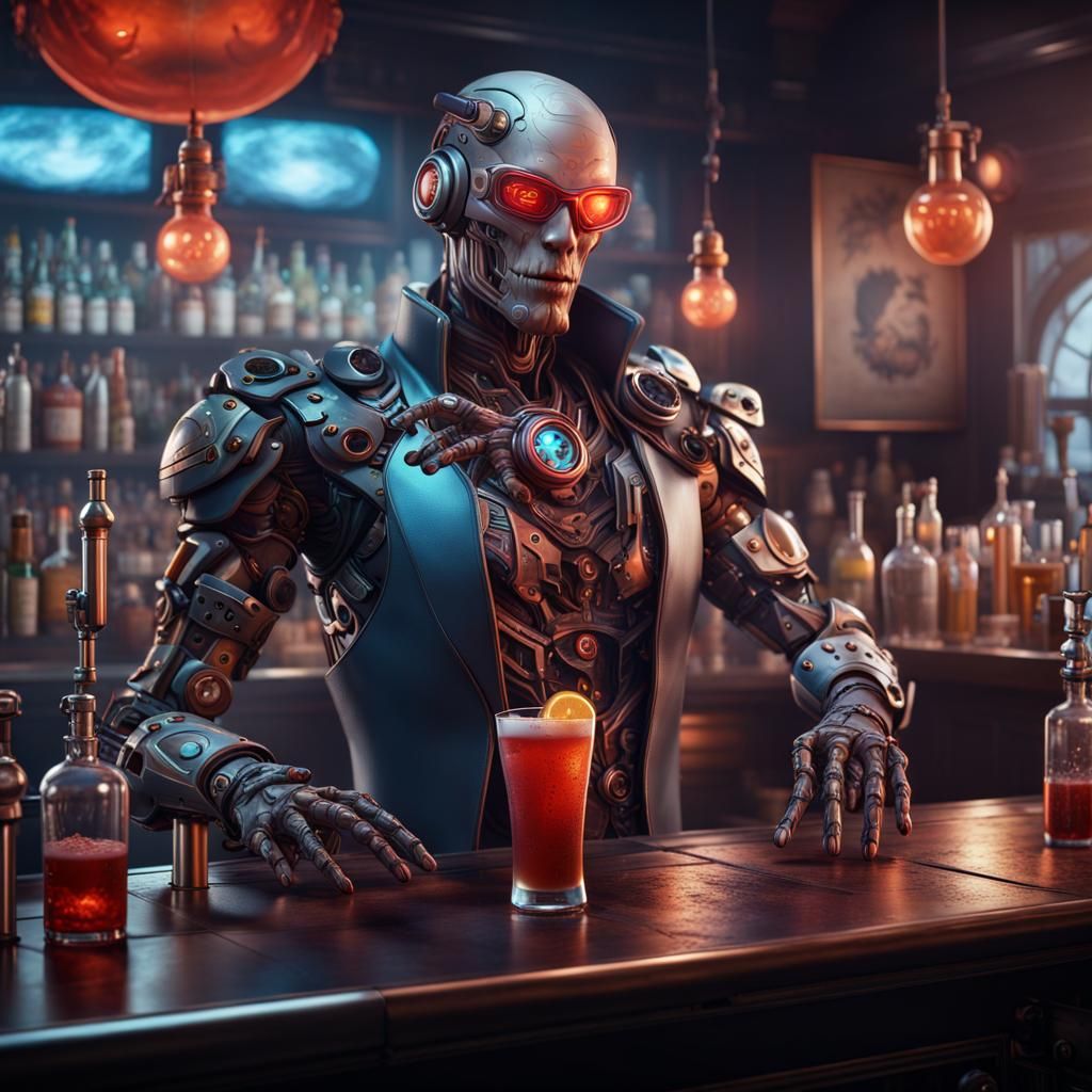 Detailed Cyborg Bartender in Fantasy Concept Art