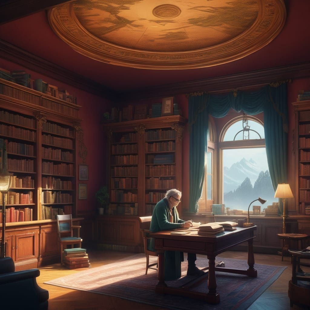 Warm Golden-Lit Library with Towering Shelves and Red Booksh...