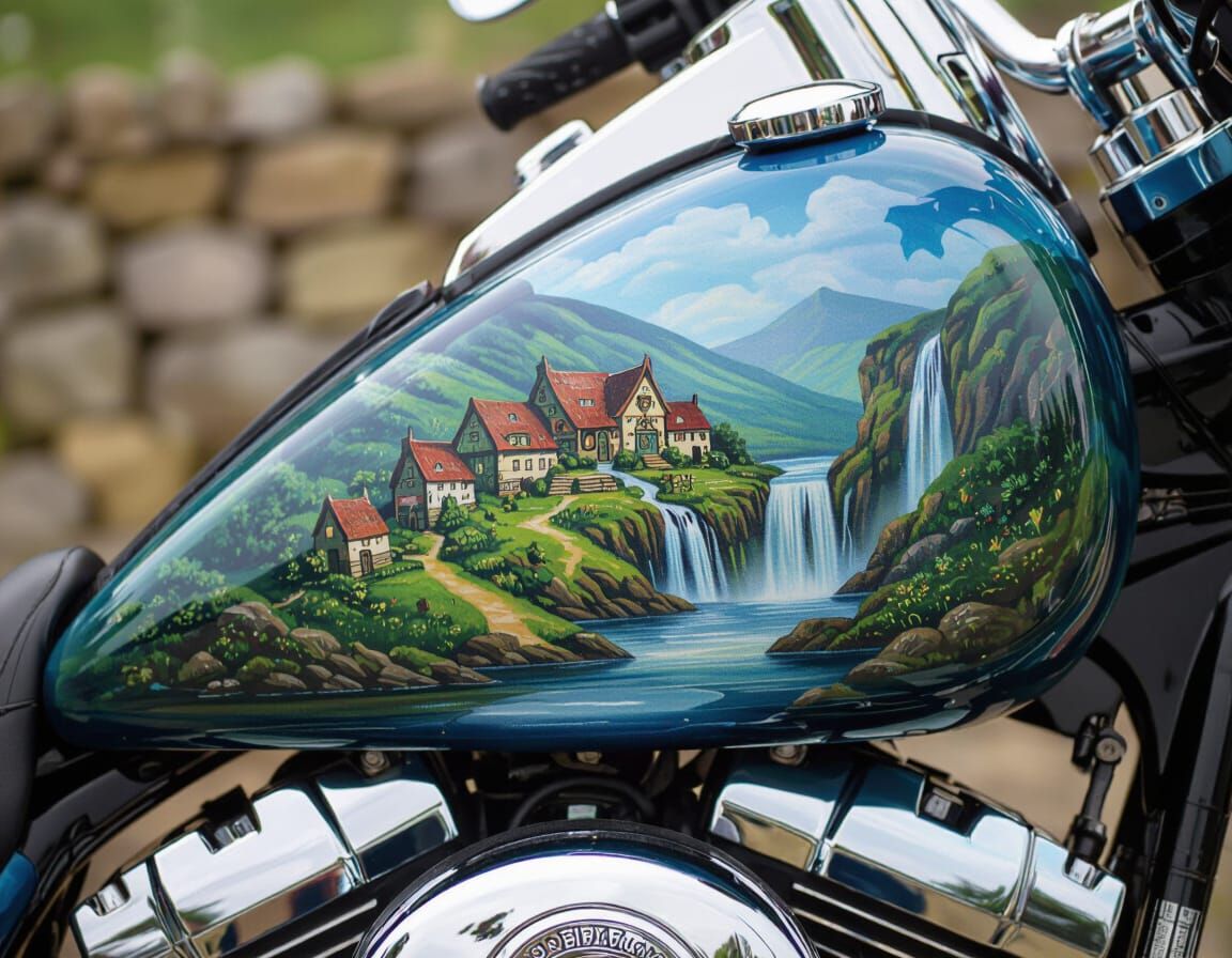 Airbrushed Celtic Village Motorcycle Tank Art