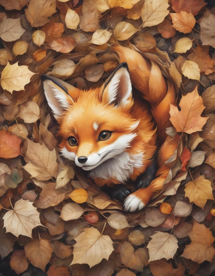 Chibi Fox in Autumn Leaves, Surreal Mixed Media