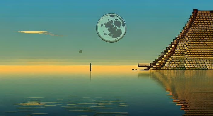 mountain water reflection temple architecture bamboo sun rise sun set pale moon serene peaceful calm contemplative, pixe...