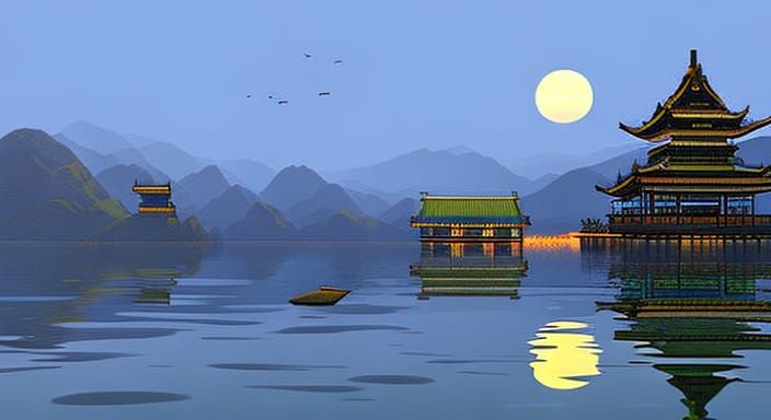 mountain water reflection temple architecture bamboo sun rise sun set pale moon serene peaceful calm contemplative, pixe...