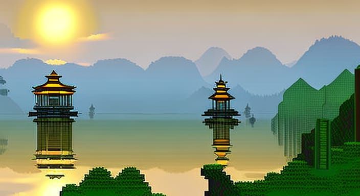 mountain water reflection temple architecture bamboo sun rise sun set pale moon serene peaceful calm contemplative, pixe...