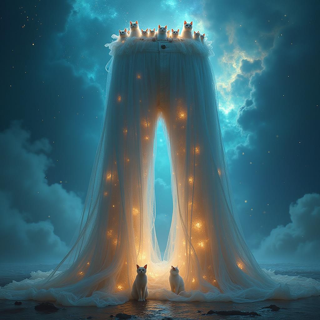 Ethereal Cats in Translucent Pants with Cosmic Patterns