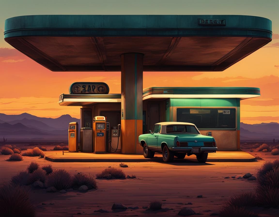 Retro Gas Station in Dark Desert Landscape