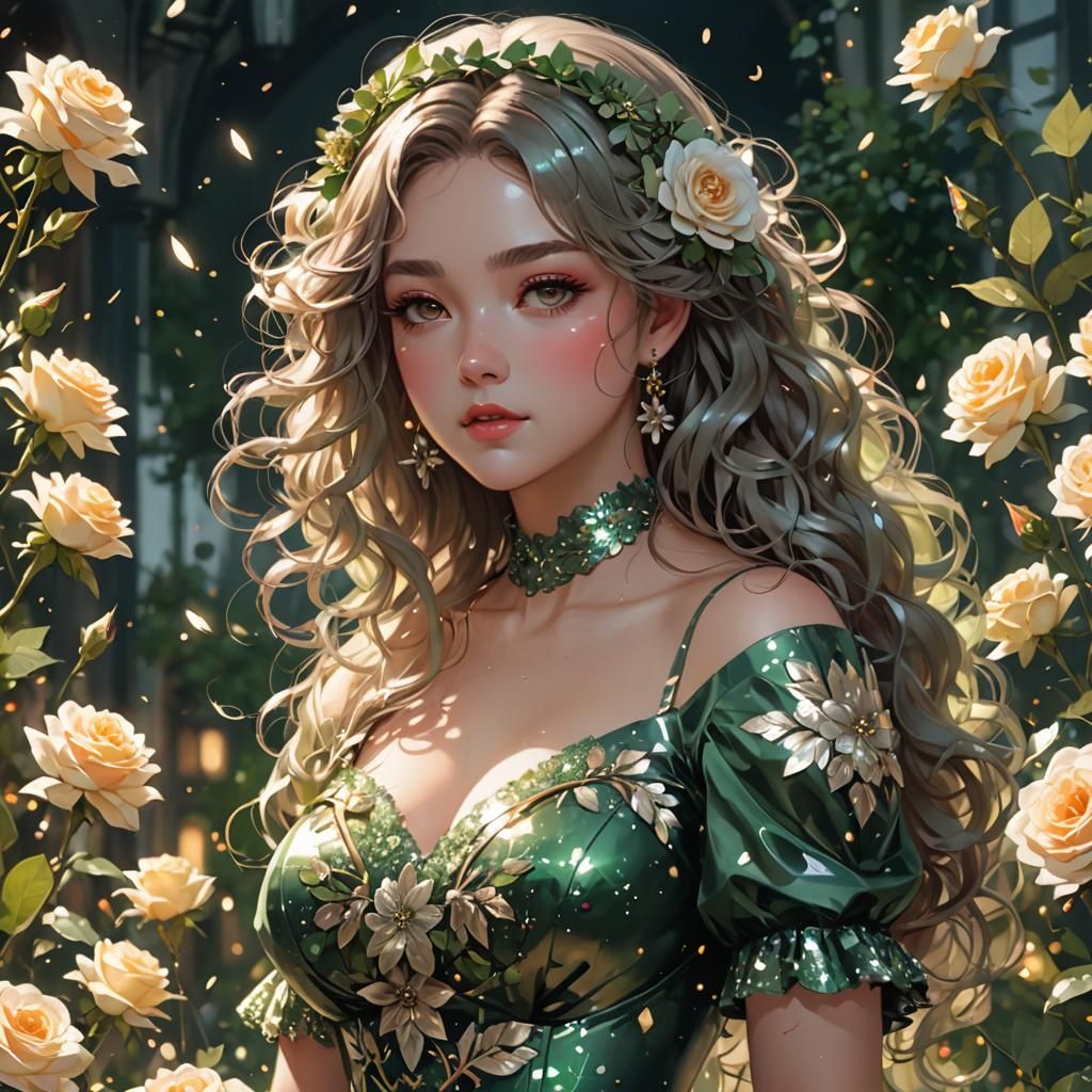 Sparkly Green Dress Portrait in Anime Style