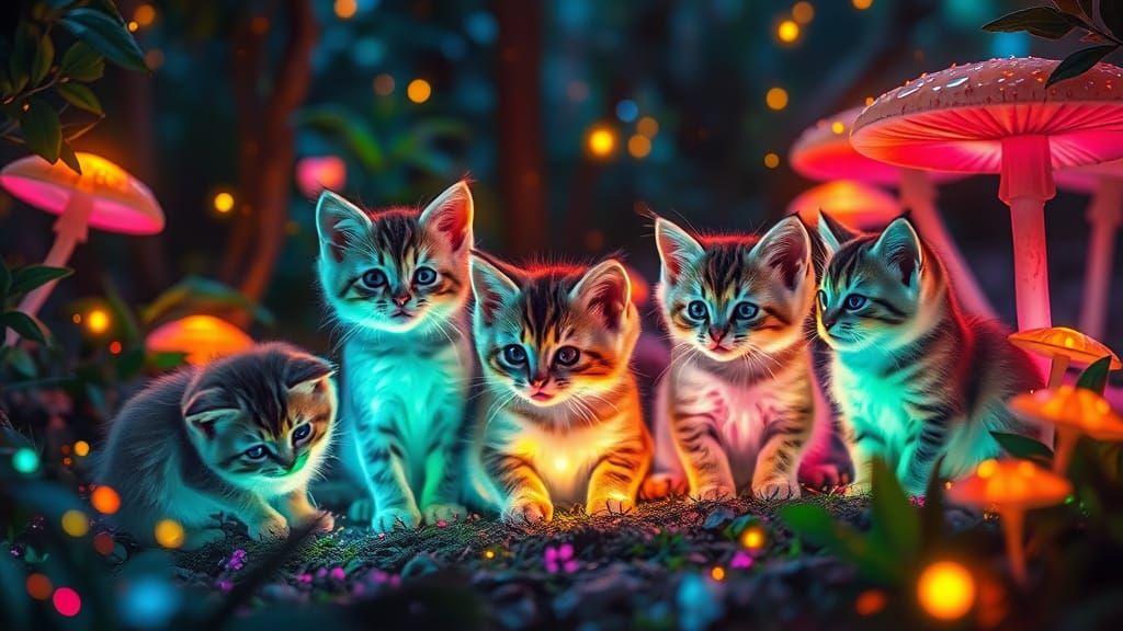 Ethereal Kittens Dance Under Rainbow Glowing Mushrooms