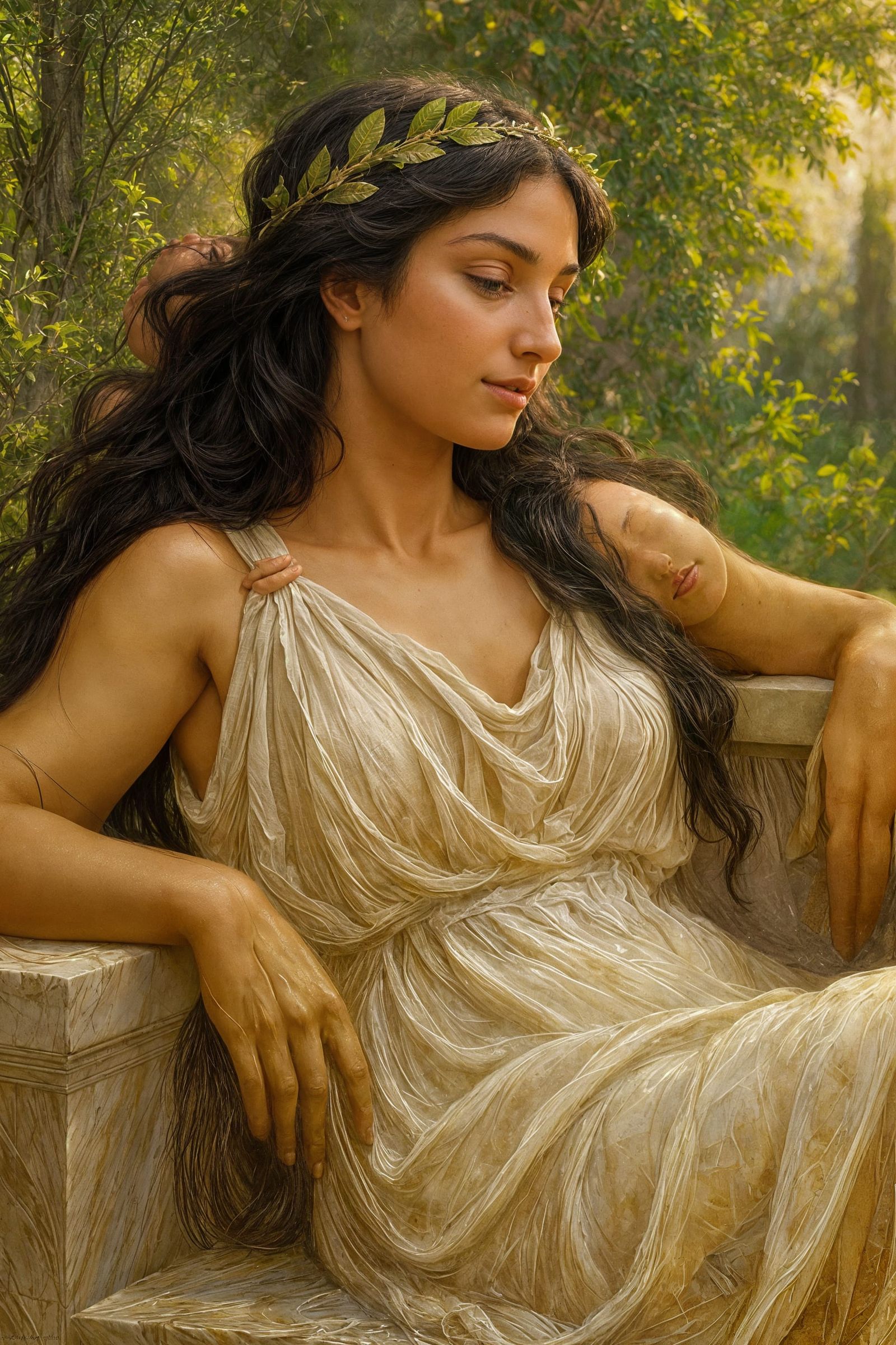Greek Goddess in Sunlit Garden, an Oil Painting Masterpiece
