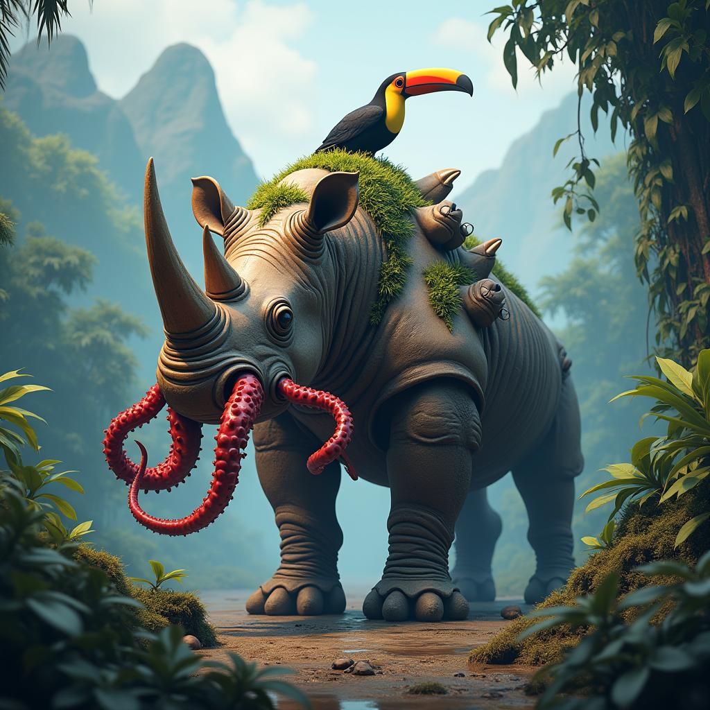 Rhino-Octopus-Toucan Hybrid in Dreamlike Sci-Fi Art