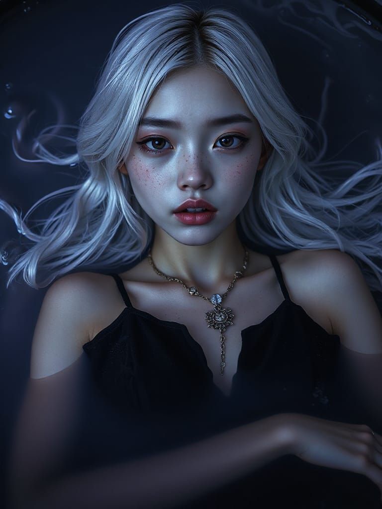 Young Asian Woman in Water, Dark Fantasy Setting