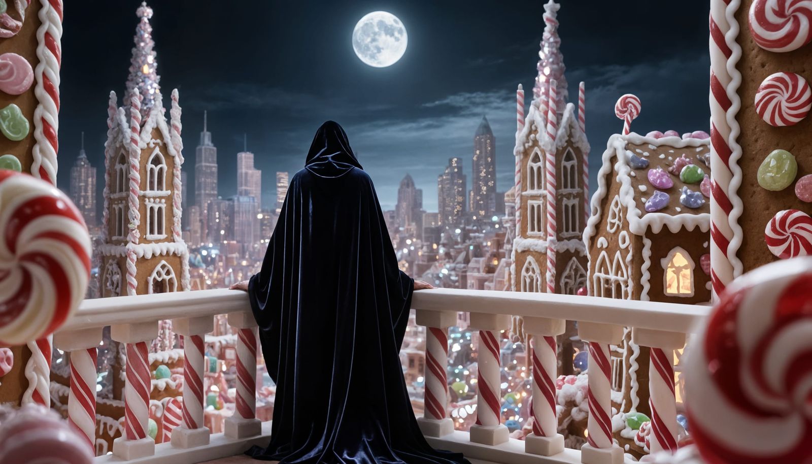Figure Overlooks Opulent Candy Cityscape in Dramatic Light