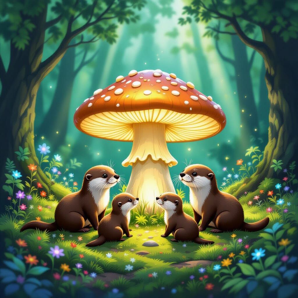 Otter Family in Enchanted Forest with Bioluminescent Mushroo...