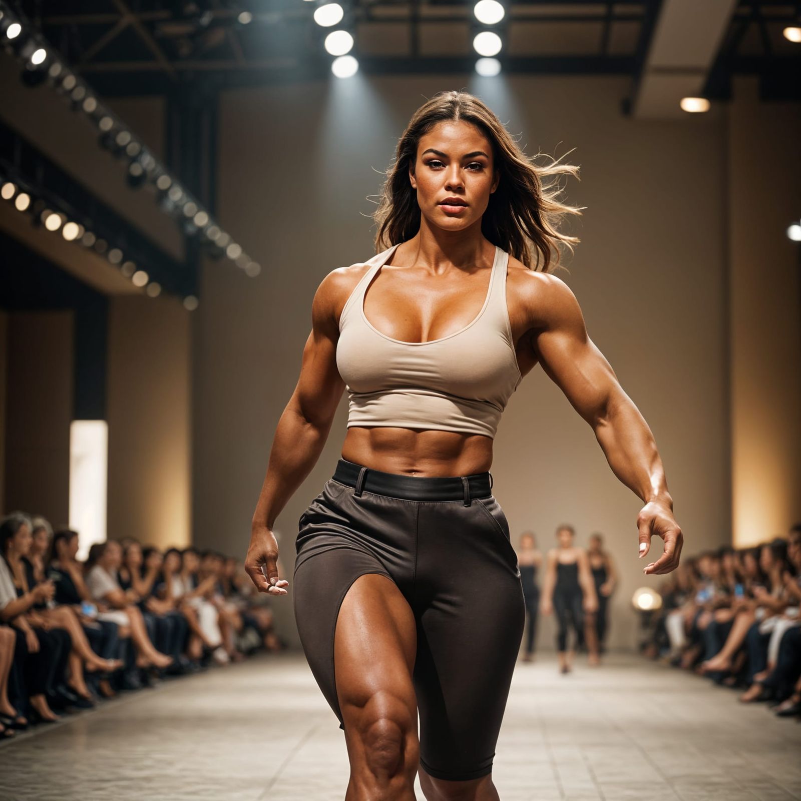 Confident Muscular Woman on Runway, Professional Photography