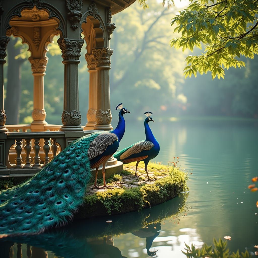Baroque Pavilion with Peacocks in Golden Sunlight