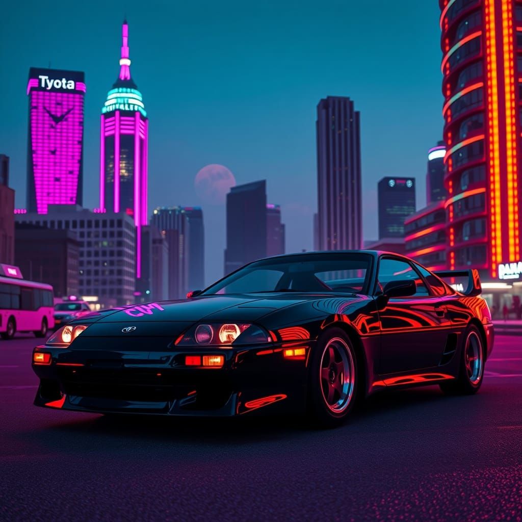 Synthwave Toyota Supra in Cyberpunk Cityscape