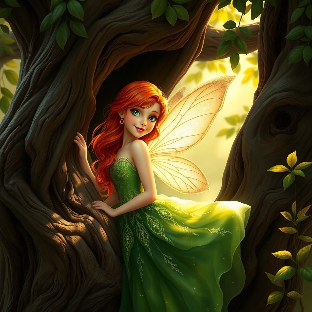 A cute red-headed, fairy, dressed in a delicate, green dress...