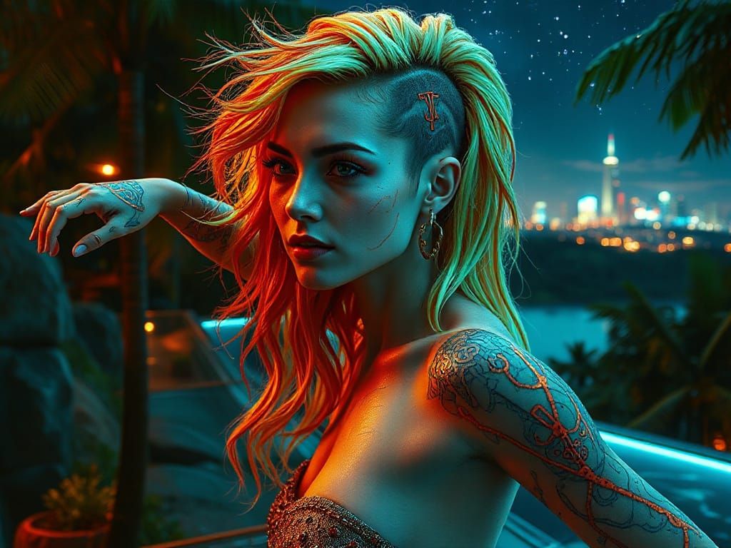 Cyberpunk Dancer in Tropical Jungle, Unreal Engine Render