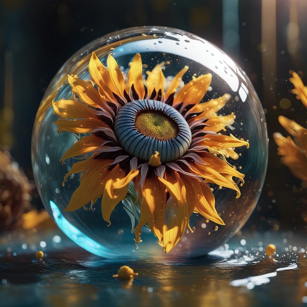 Hyperrealistic Sunflower in Glass Ball: Digital Art