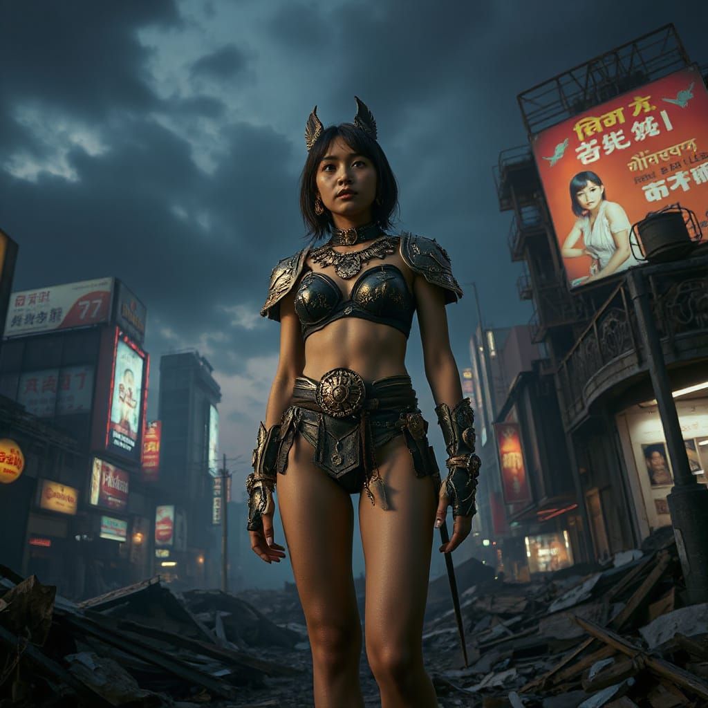 Filipina Warrior in Smoggy Twilight Metropolis Ruins