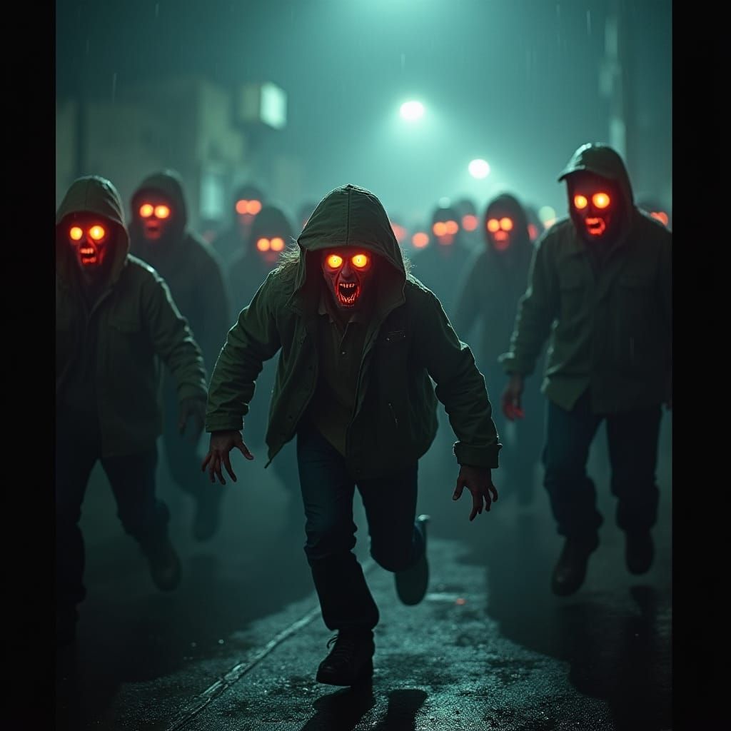 Fleeing Zombie Horde in Cinematic Film Still