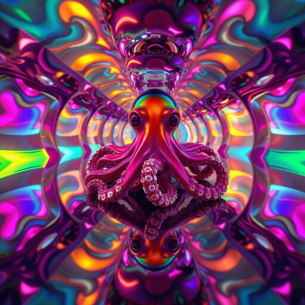 A vividly colored joyful octopus reflected infinitely within a maze of curved specular mirrors with each layer blooming ...