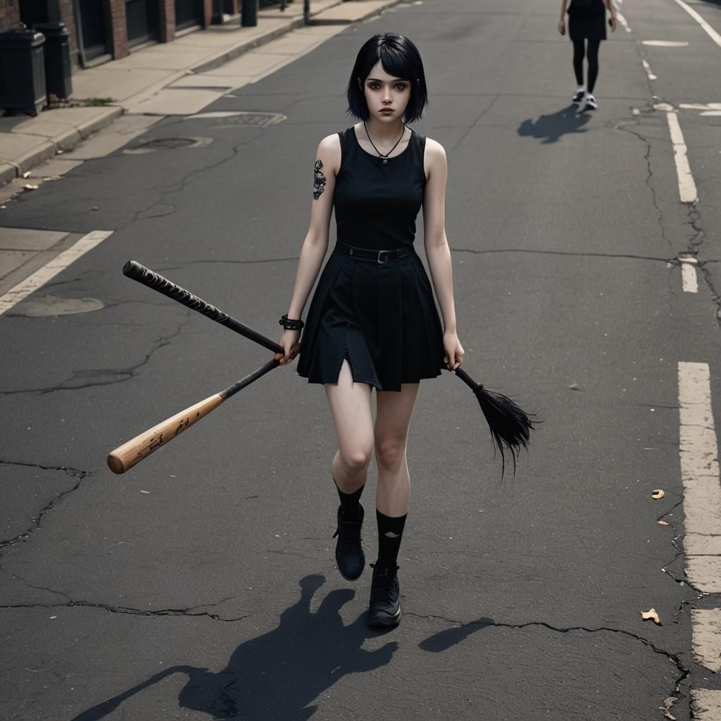 Cute Goth Girl with Baseball Bat, Ultra-Realistic