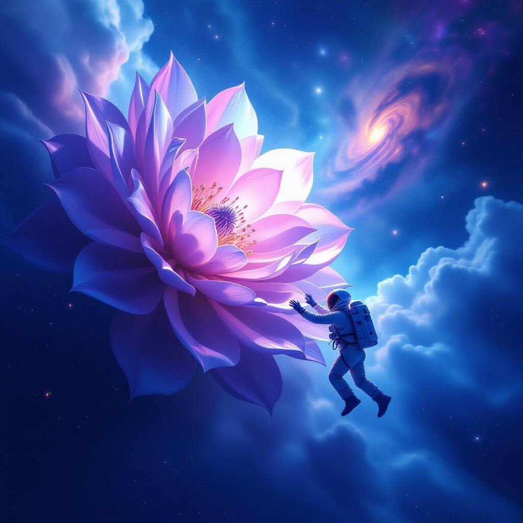 Astronaut Reaches for Crystal Flower in Cosmic Nebula