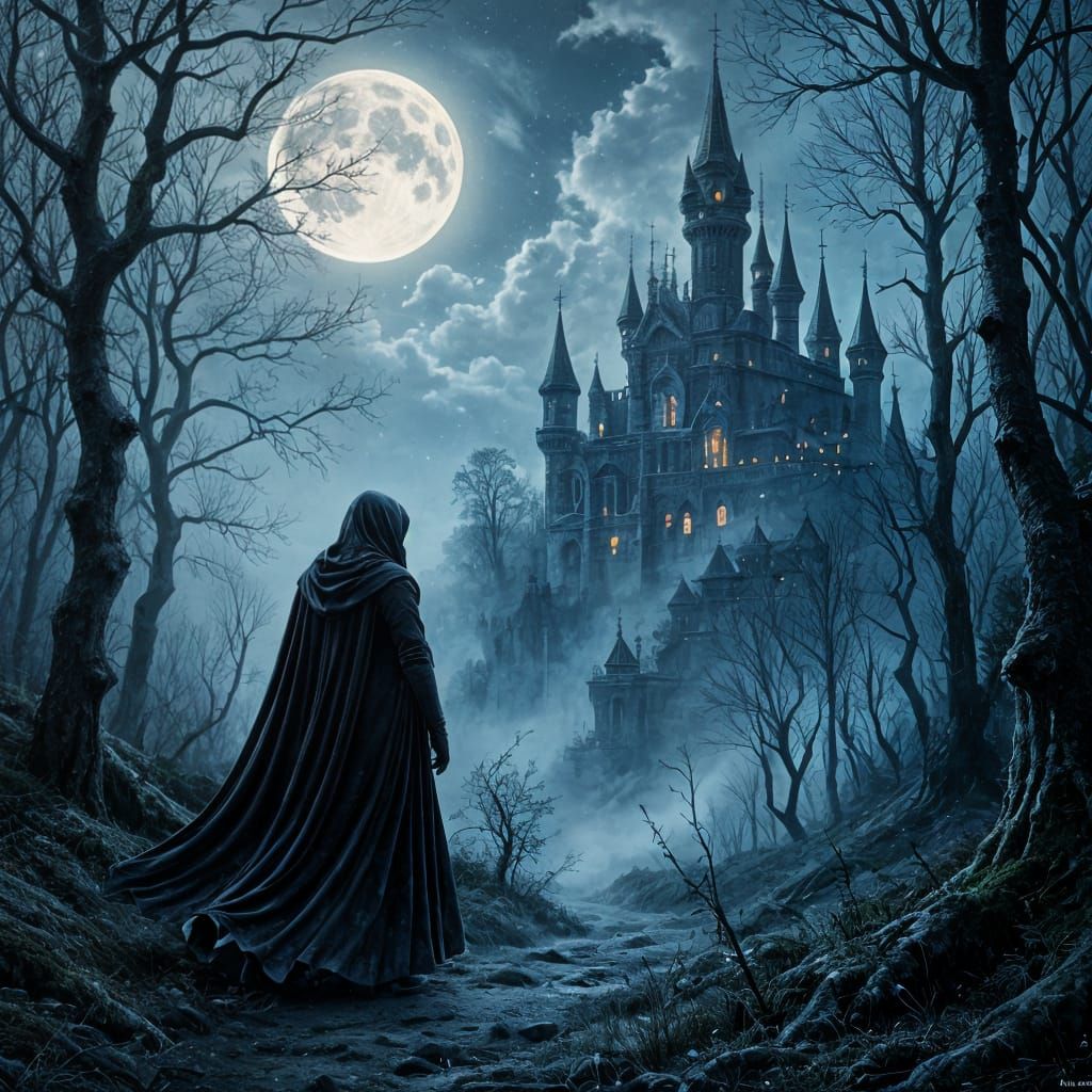 Hooded Prince in Surreal Forest Near Gothic Castle