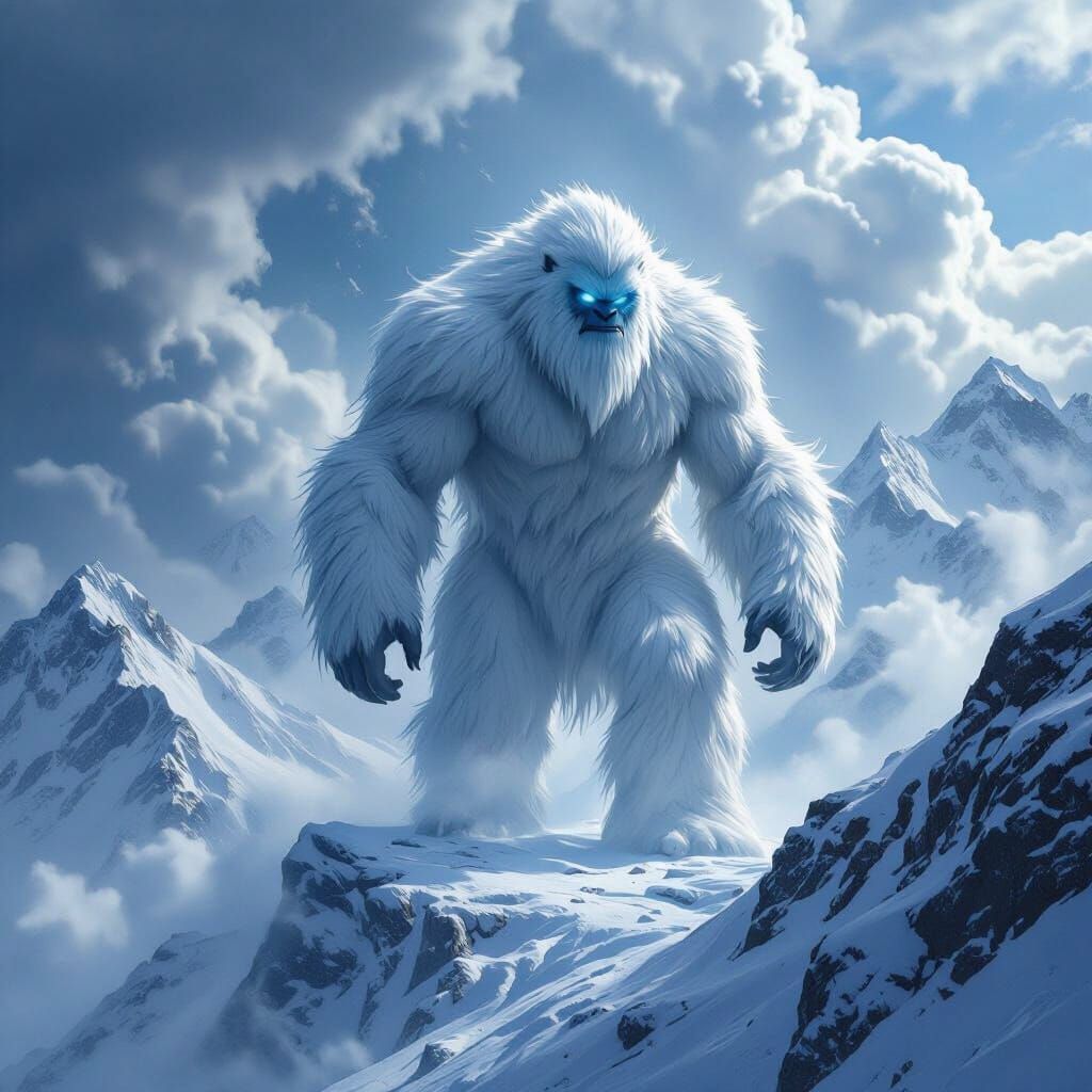 Epic Yeti on Everest Summit with Glowing Blue Eyes